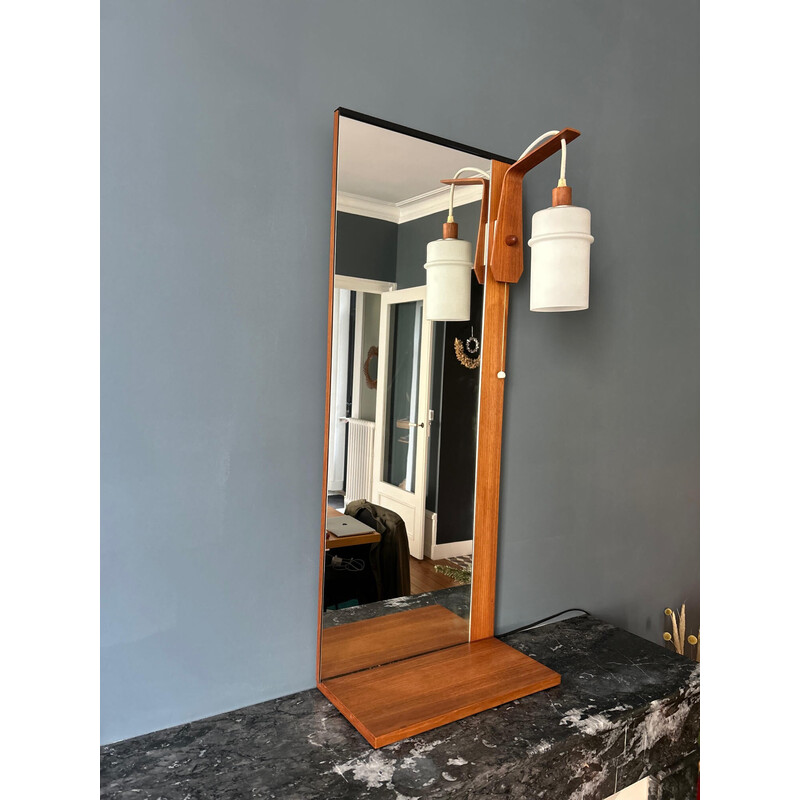 Vintage teak and opaline glass mirror for Munchner Zierspiegel, 1960