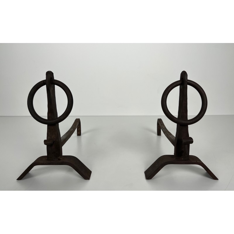 Pair of vintage wrought iron andirons, France 1950