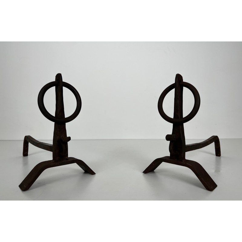 Pair of vintage wrought iron andirons, France 1950