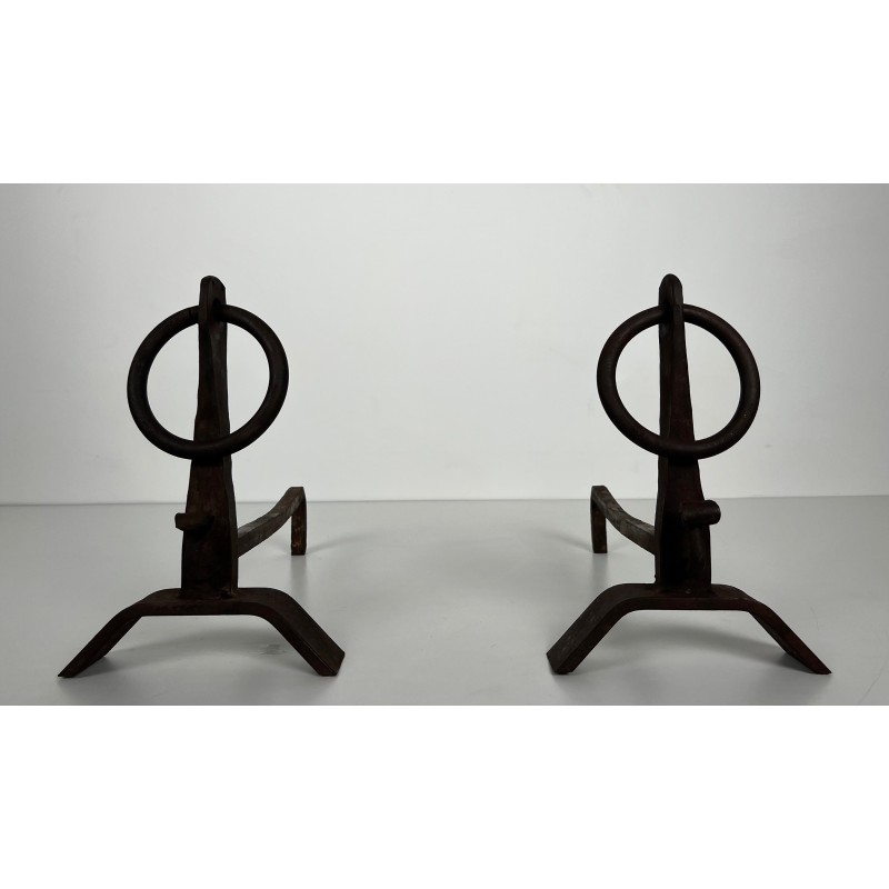 Pair of vintage wrought iron andirons, France 1950