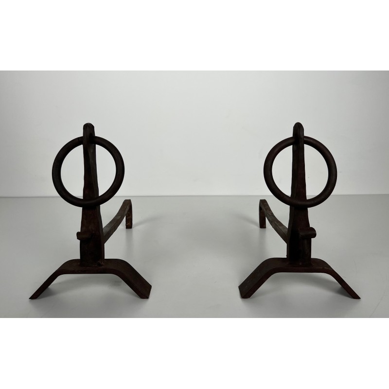 Pair of vintage wrought iron andirons, France 1950