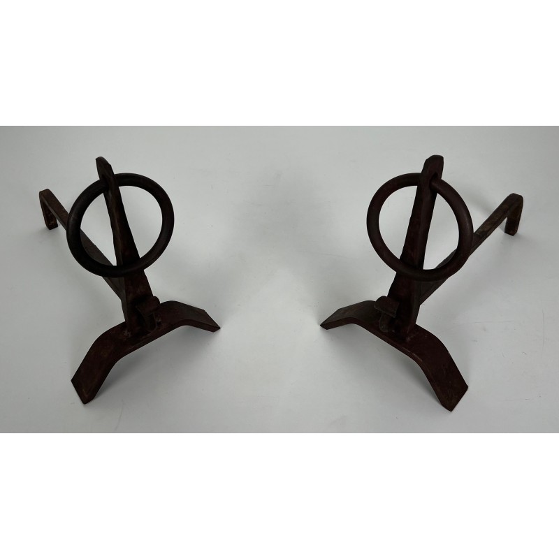 Pair of vintage wrought iron andirons, France 1950