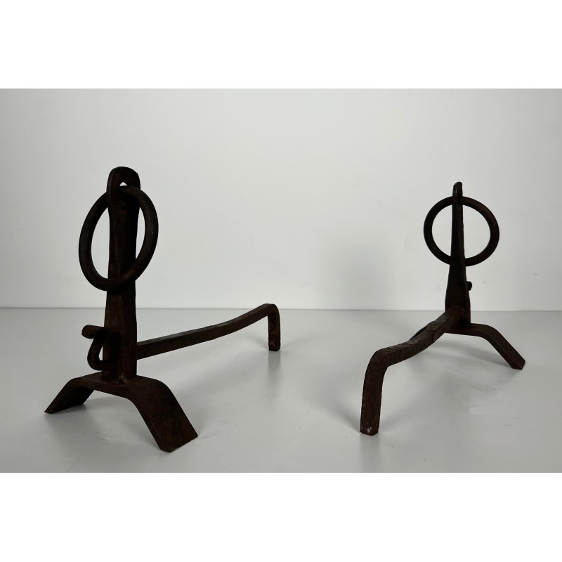 Pair of vintage wrought iron andirons, France 1950