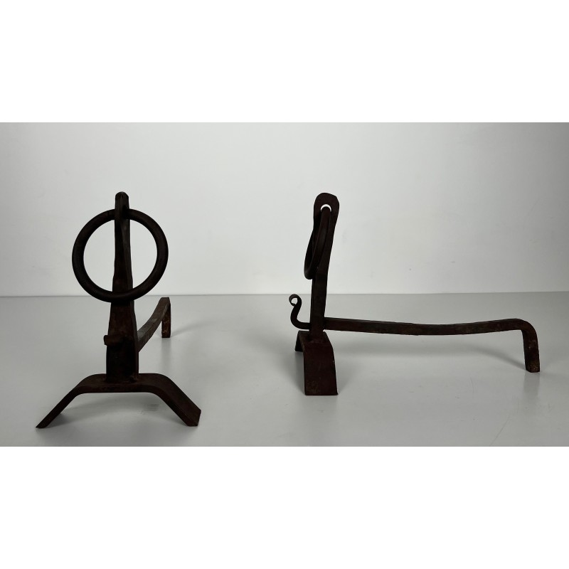 Pair of vintage wrought iron andirons, France 1950