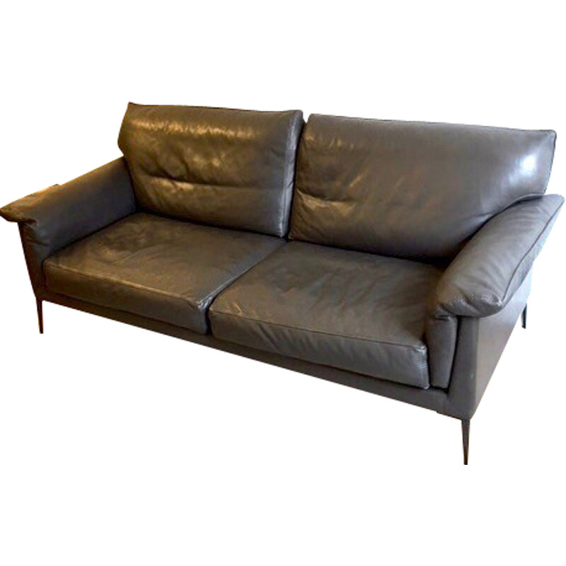 Vintage 2-Sitzer Sofa "Hélium" in grauem Rindsleder und schwarzem Metall für Duvivier, Frankreich