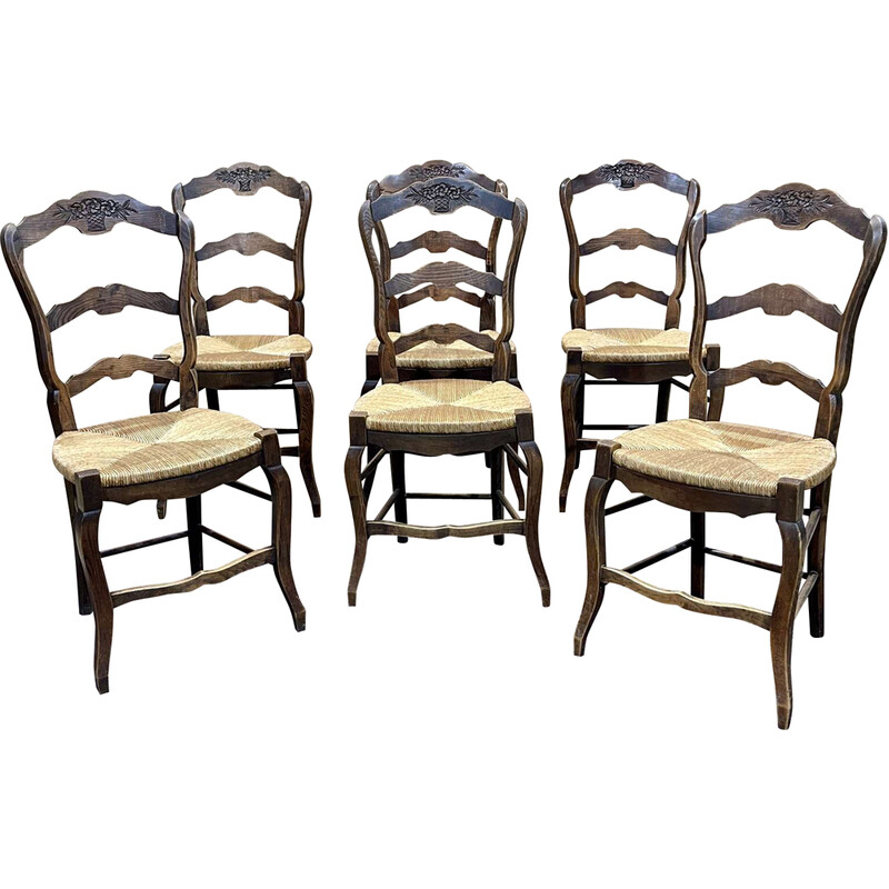 Set of 6 vintage chairs in ash and straw seats, 1950