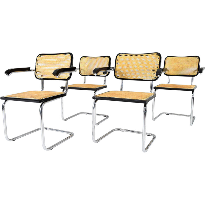 Ensemble de 4 chaises vintage modèle B64 en acier chromé et hêtre par Marcel Breuer, Italie 1970