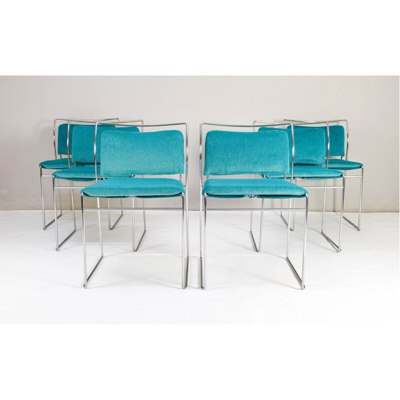 Set of 6 vintage Tulu chairs in steel tube and green velvet by Kazuhide Takahama for Myc Gavina, Spain