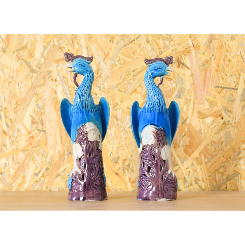 Pair of vintage peacocks in turquoise porcelain, China 1950