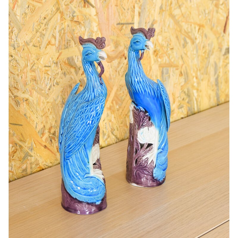 Pair of vintage peacocks in turquoise porcelain, China 1950