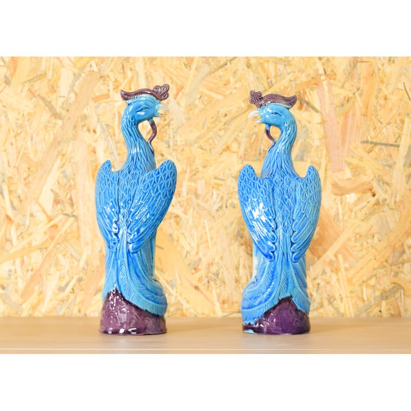 Pair of vintage peacocks in turquoise porcelain, China 1950