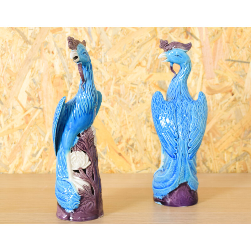 Pair of vintage peacocks in turquoise porcelain, China 1950