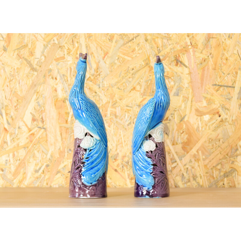 Pair of vintage peacocks in turquoise porcelain, China 1950