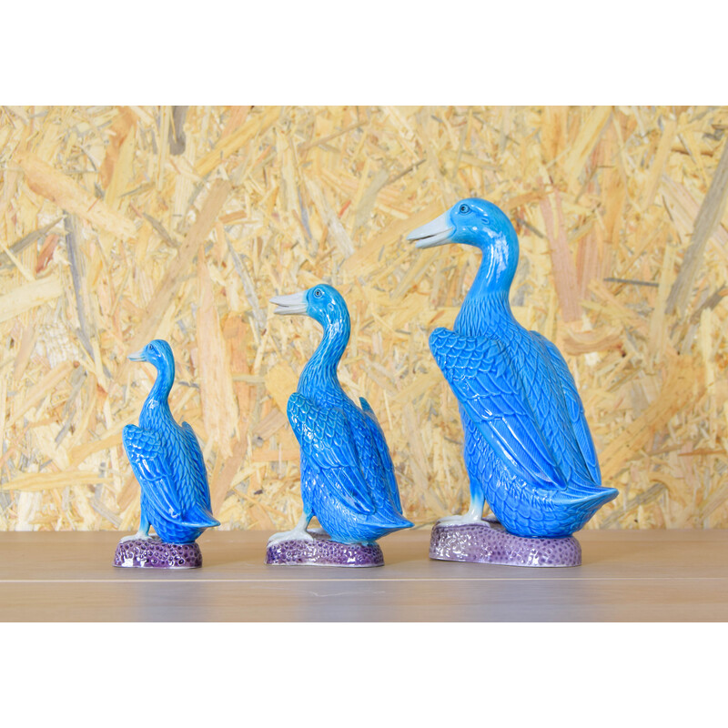 Ensemble de 3 canards vintage en porcelaine chinoise turquoise, 1950