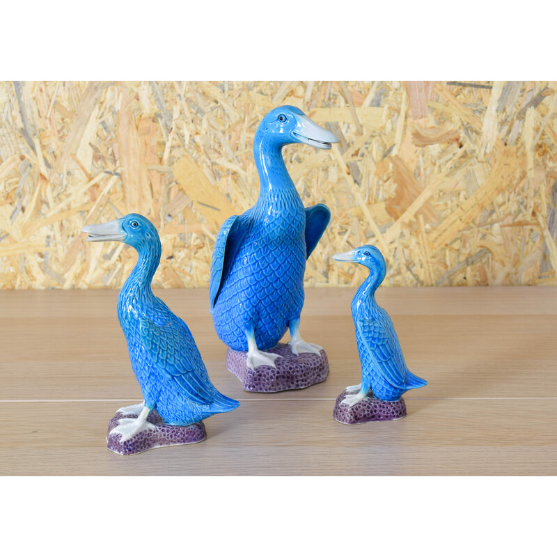 Ensemble de 3 canards vintage en porcelaine chinoise turquoise, 1950