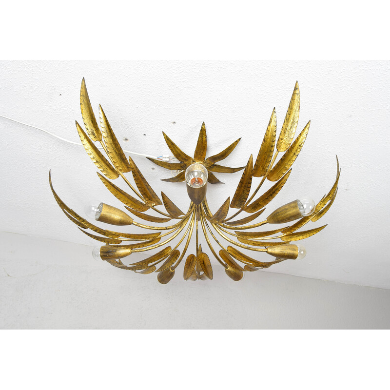 Vintage chandelier in the shape of a sun and leaves in wrought iron for Ferro Arte, Spain 1960