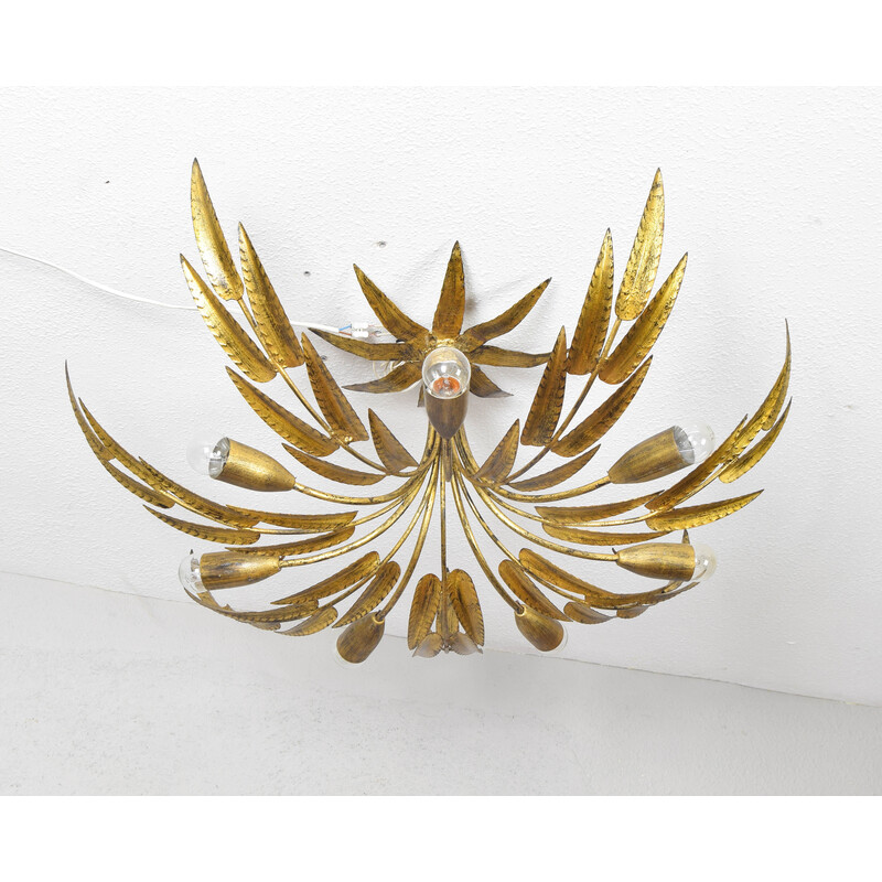 Vintage chandelier in the shape of a sun and leaves in wrought iron for Ferro Arte, Spain 1960