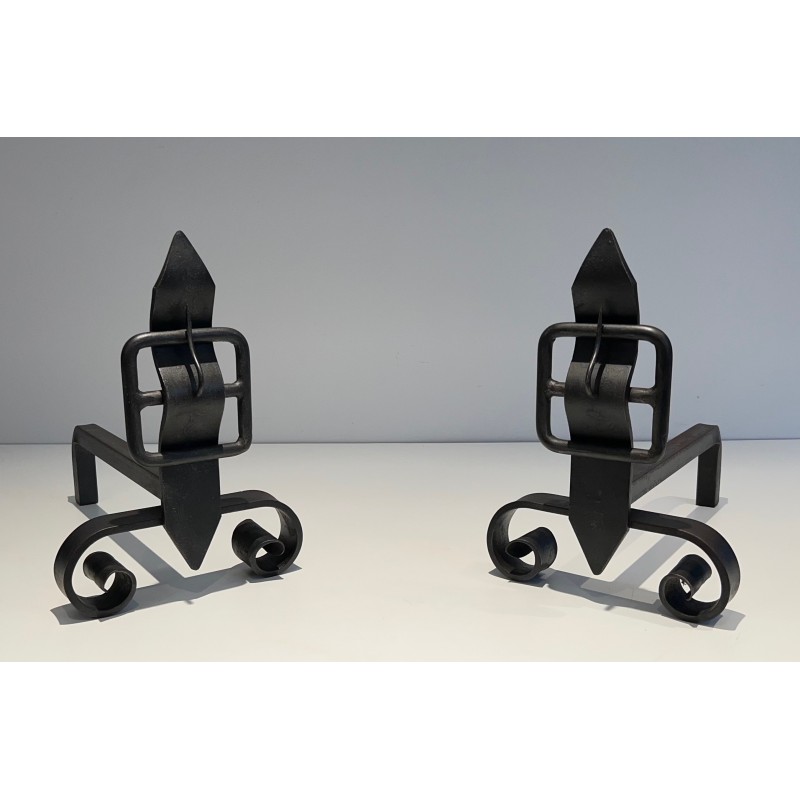 Pair of vintage andirons representing a belt, France 1950