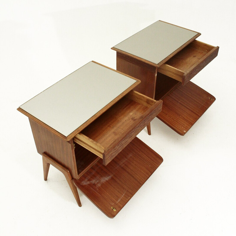 Pair of brown Italian mid century nightstands in wood and glass - 1950s