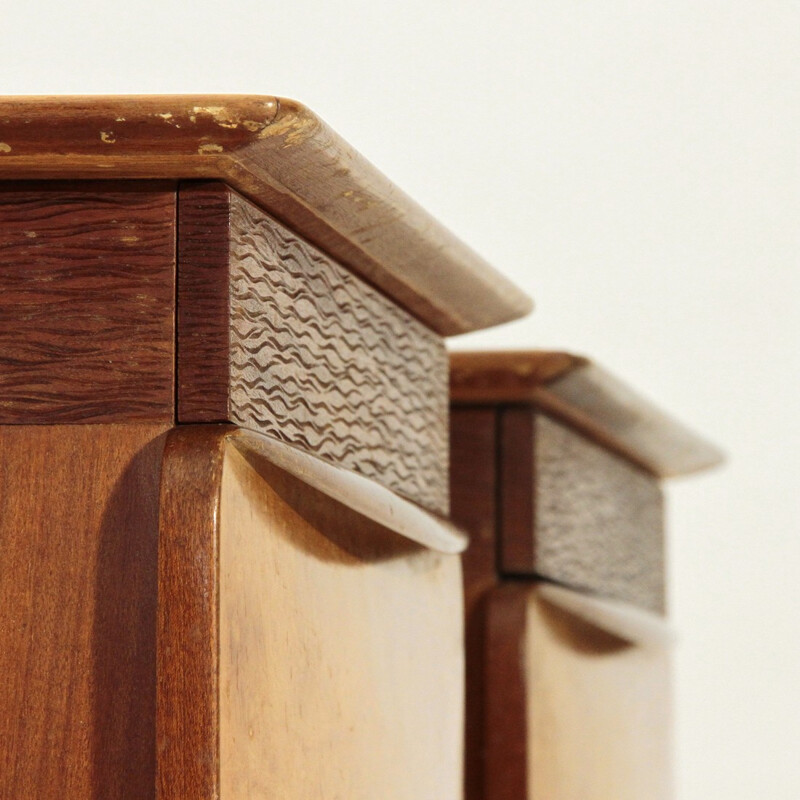 Pair of brown Italian mid century nightstands in wood and glass - 1950s