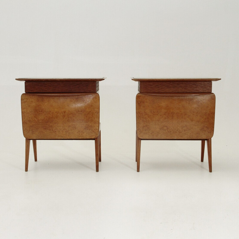 Pair of brown Italian mid century nightstands in wood and glass - 1950s