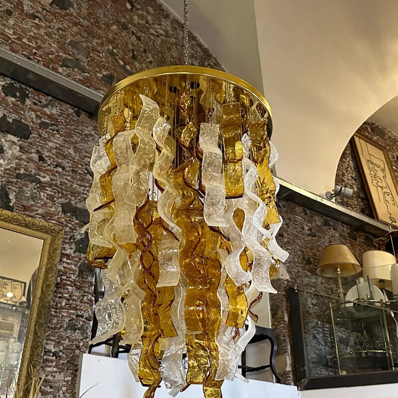 Lustre em cascata vintage em vidro Murano castanho e transparente para Mazzega, Itália 1970