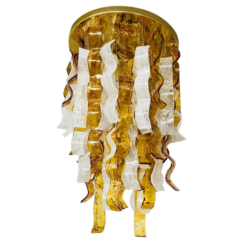 Vintage cascading chandelier in brown and clear Murano glass for Mazzega, Italy 1970