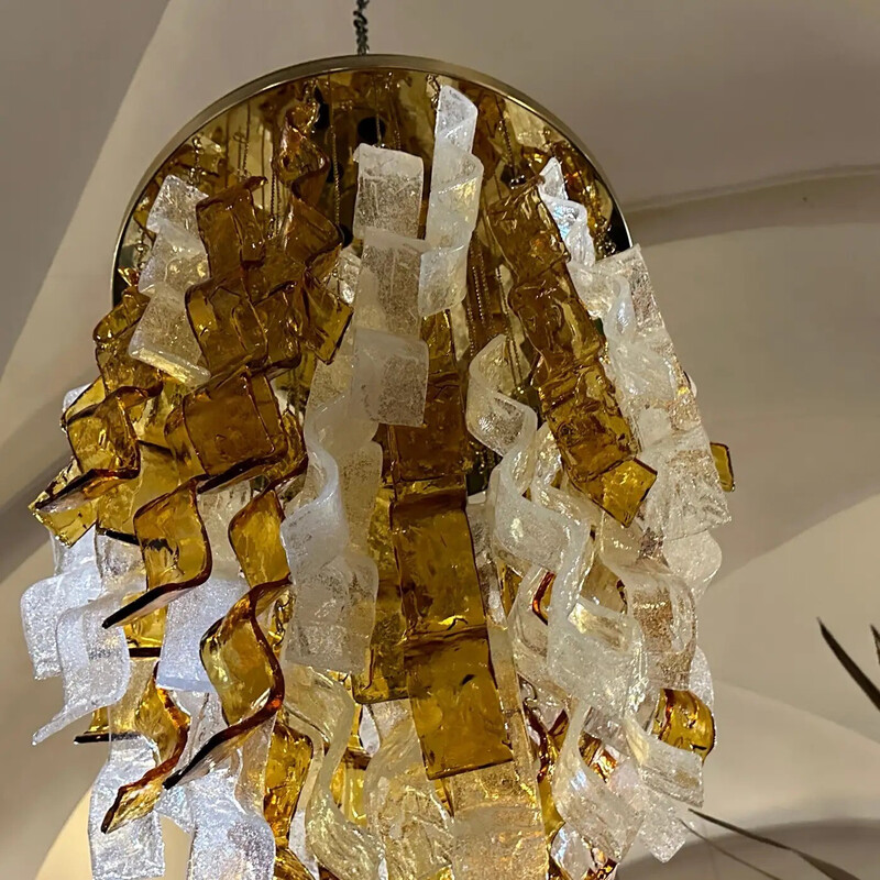 Vintage cascading chandelier in brown and clear Murano glass for Mazzega, Italy 1970