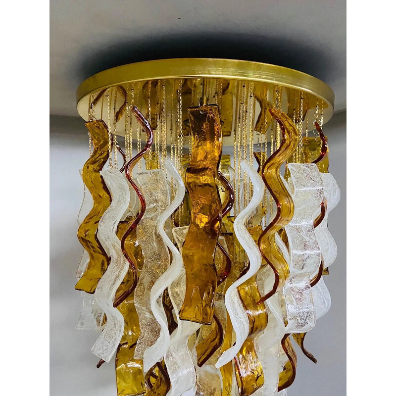 Vintage cascading chandelier in brown and clear Murano glass for Mazzega, Italy 1970