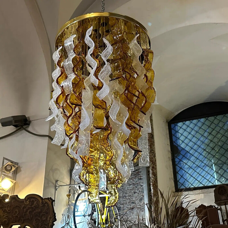 Vintage cascading chandelier in brown and clear Murano glass for Mazzega, Italy 1970