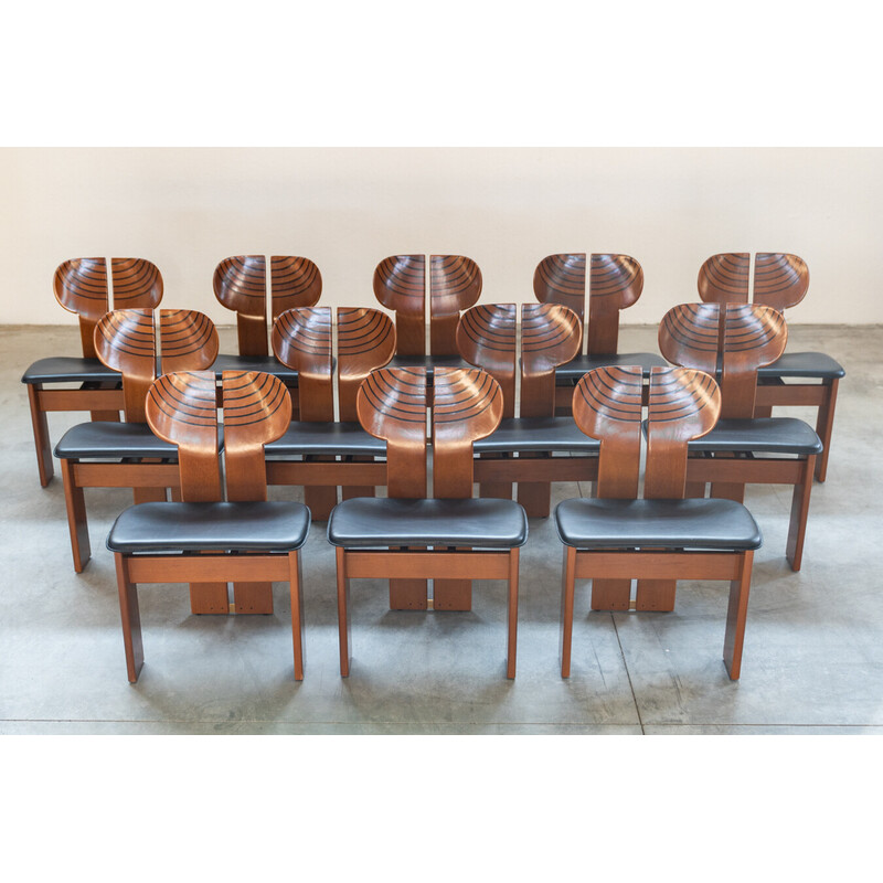 Set of 12 vintage ebony and brass chairs for Afra and Tobia, Italy 1990