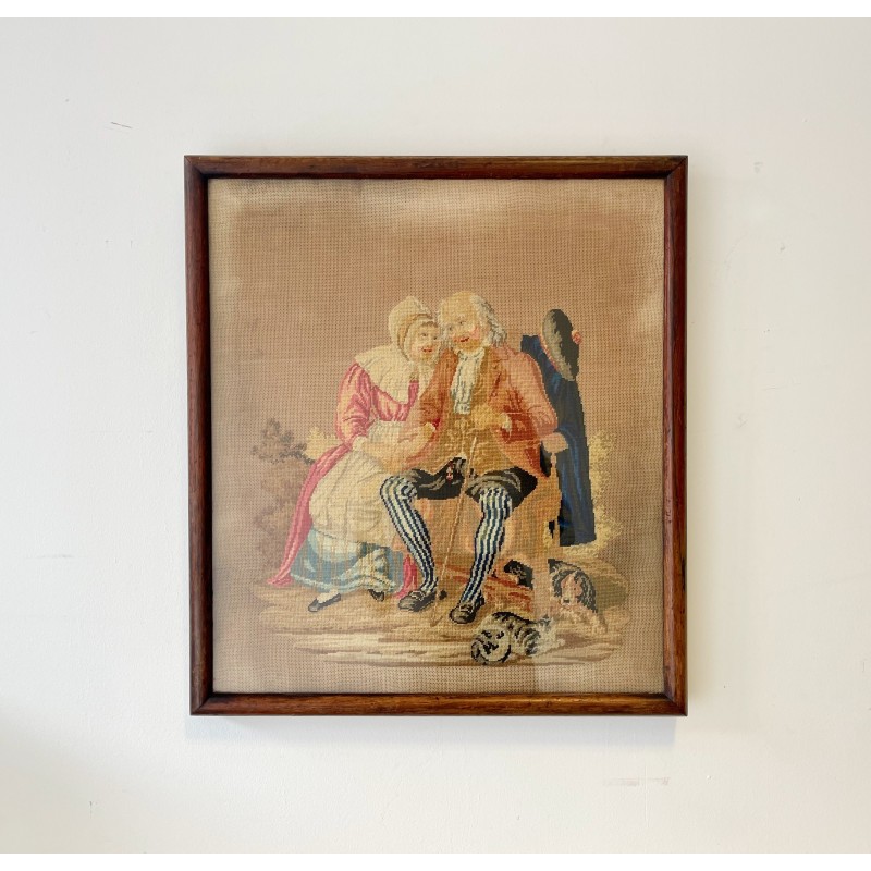 Quadro vintage representando uma imagem de bordado de tapeçaria vitoriana com moldura de mogno maciço