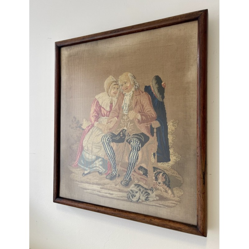 Vintage painting depicting a Victorian needlework tapestry embroidery image with solid mahogany frame
