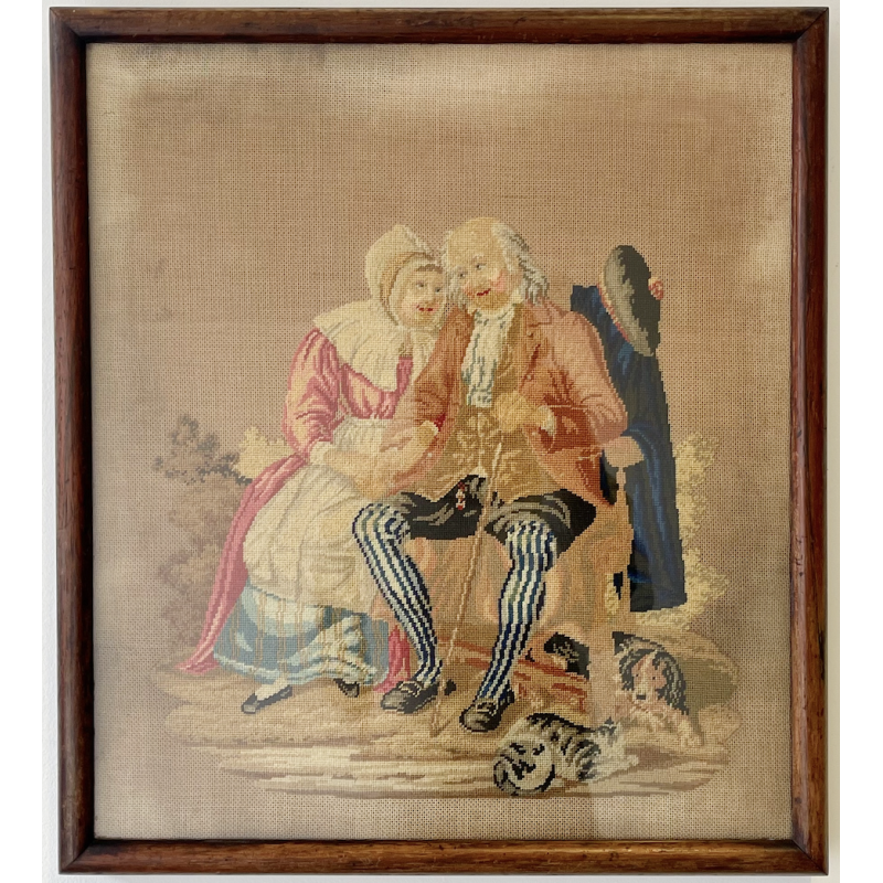Tableau vintage représentant une image de broderie de tapisserie de couture victorienne avec cadre en acajou massif