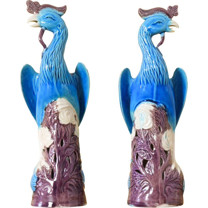 Pair of vintage peacocks in turquoise porcelain, China 1950