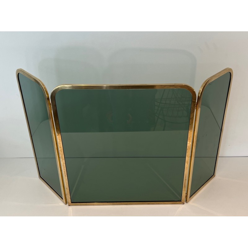 Vintage glass fire screen with brass frame, France 1970