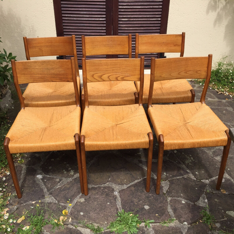 Set of 6 Scandinavian chairs in teak and mulching - 1960s