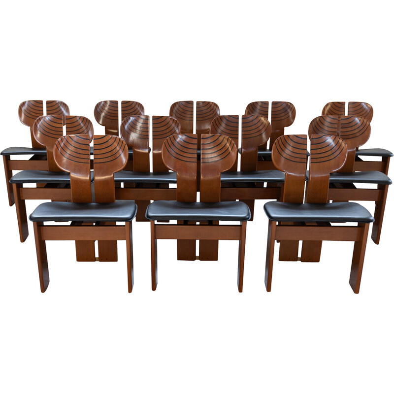 Set of 12 vintage ebony and brass chairs for Afra and Tobia, Italy 1990