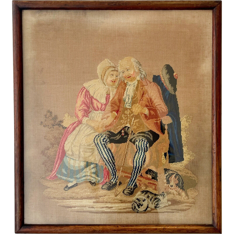 Vintage painting depicting a Victorian needlework tapestry embroidery image with solid mahogany frame