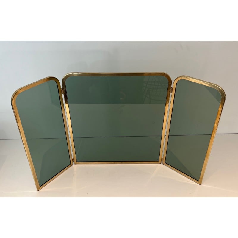 Vintage glass fire screen with brass frame, France 1970