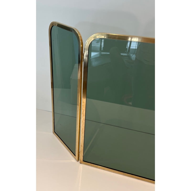 Vintage glass fire screen with brass frame, France 1970