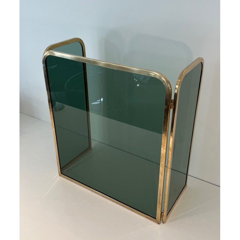 Vintage glass fire screen with brass frame, France 1970