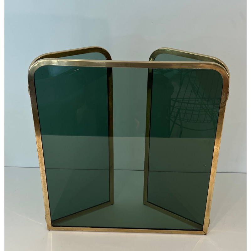 Vintage glass fire screen with brass frame, France 1970