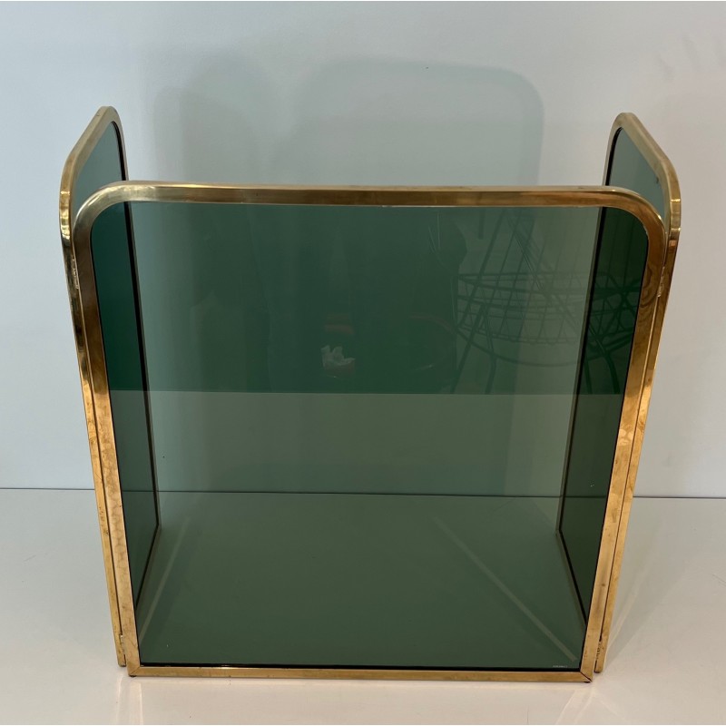 Vintage glass fire screen with brass frame, France 1970