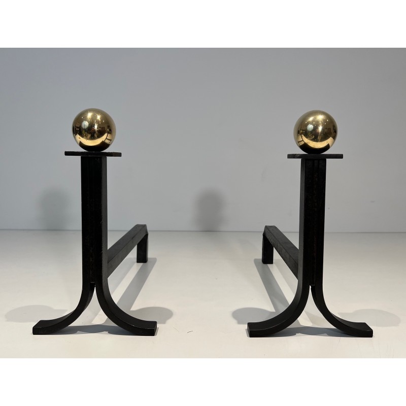 Pair of vintage steel and brass andirons, France 1970