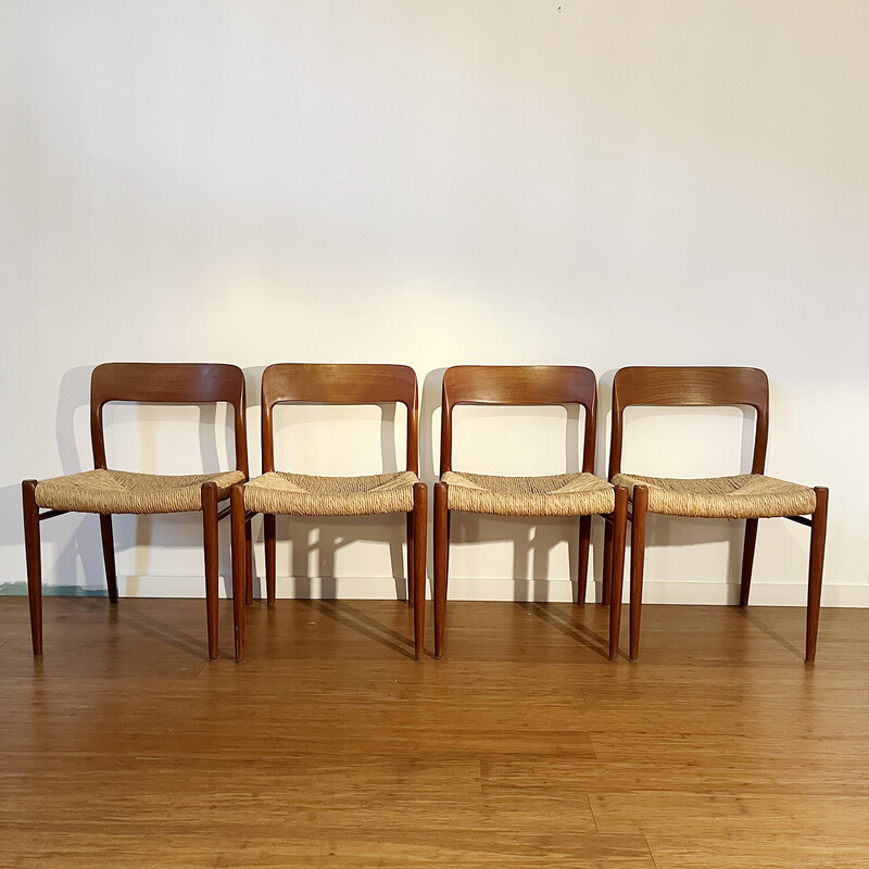 Set of 4 vintage chairs in solid teak and straw by Niel Otto Møller, Denmark 1960