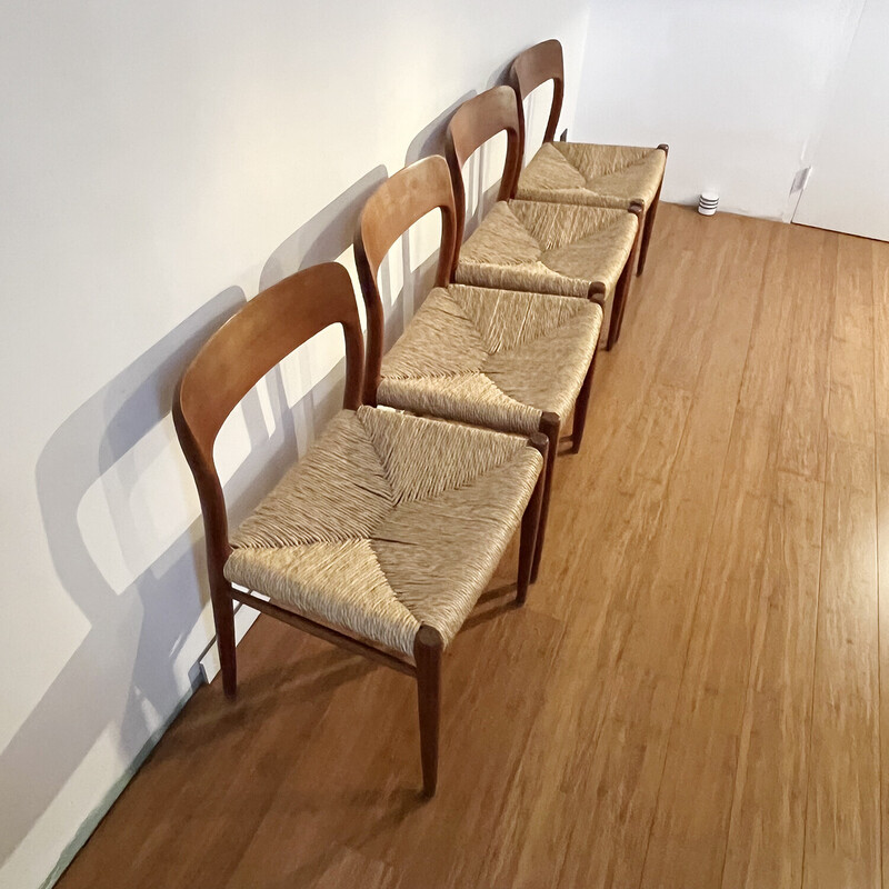 Set of 4 vintage chairs in solid teak and straw by Niel Otto Møller, Denmark 1960