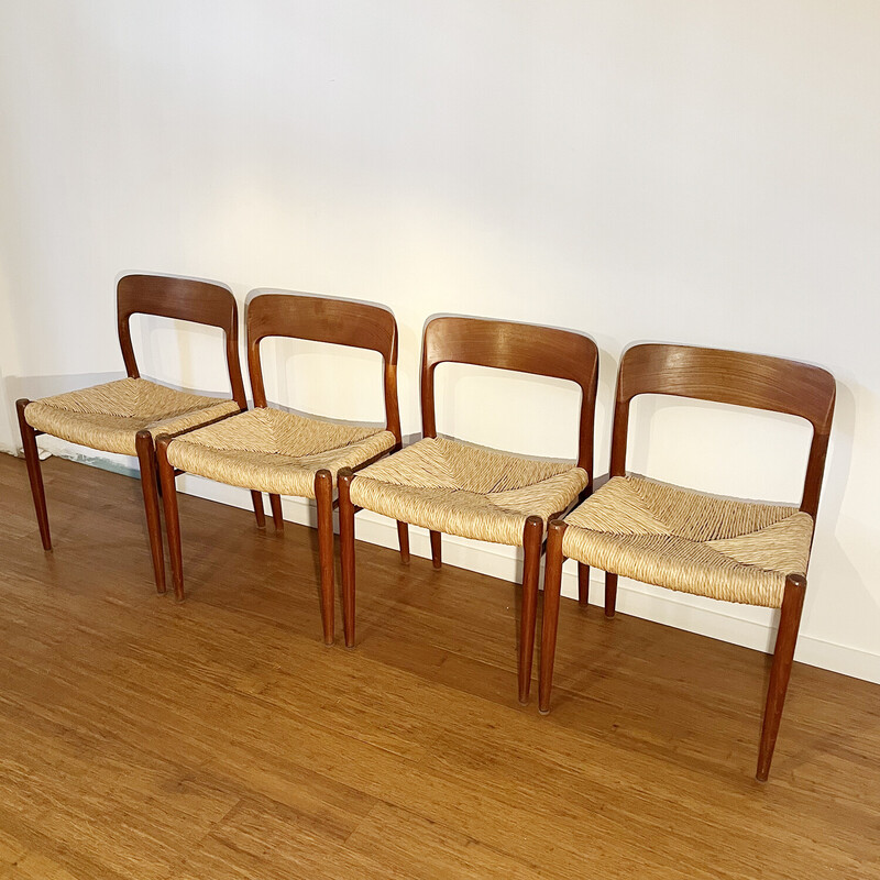 Set of 4 vintage chairs in solid teak and straw by Niel Otto Møller, Denmark 1960