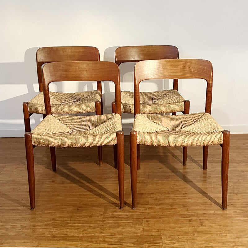 Set of 4 vintage chairs in solid teak and straw by Niel Otto Møller, Denmark 1960