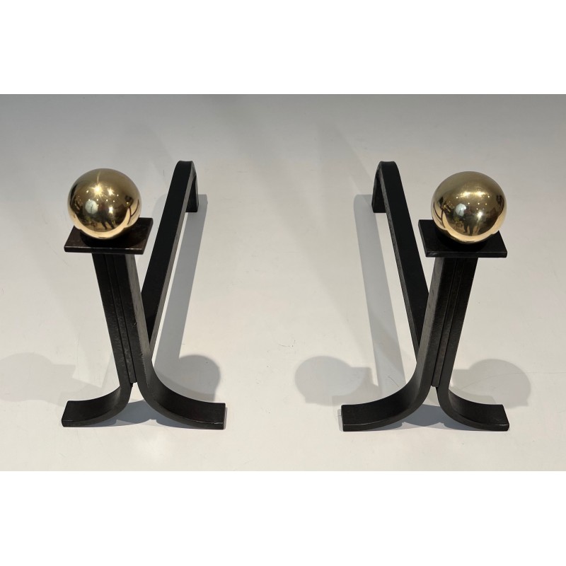 Pair of vintage steel and brass andirons, France 1970